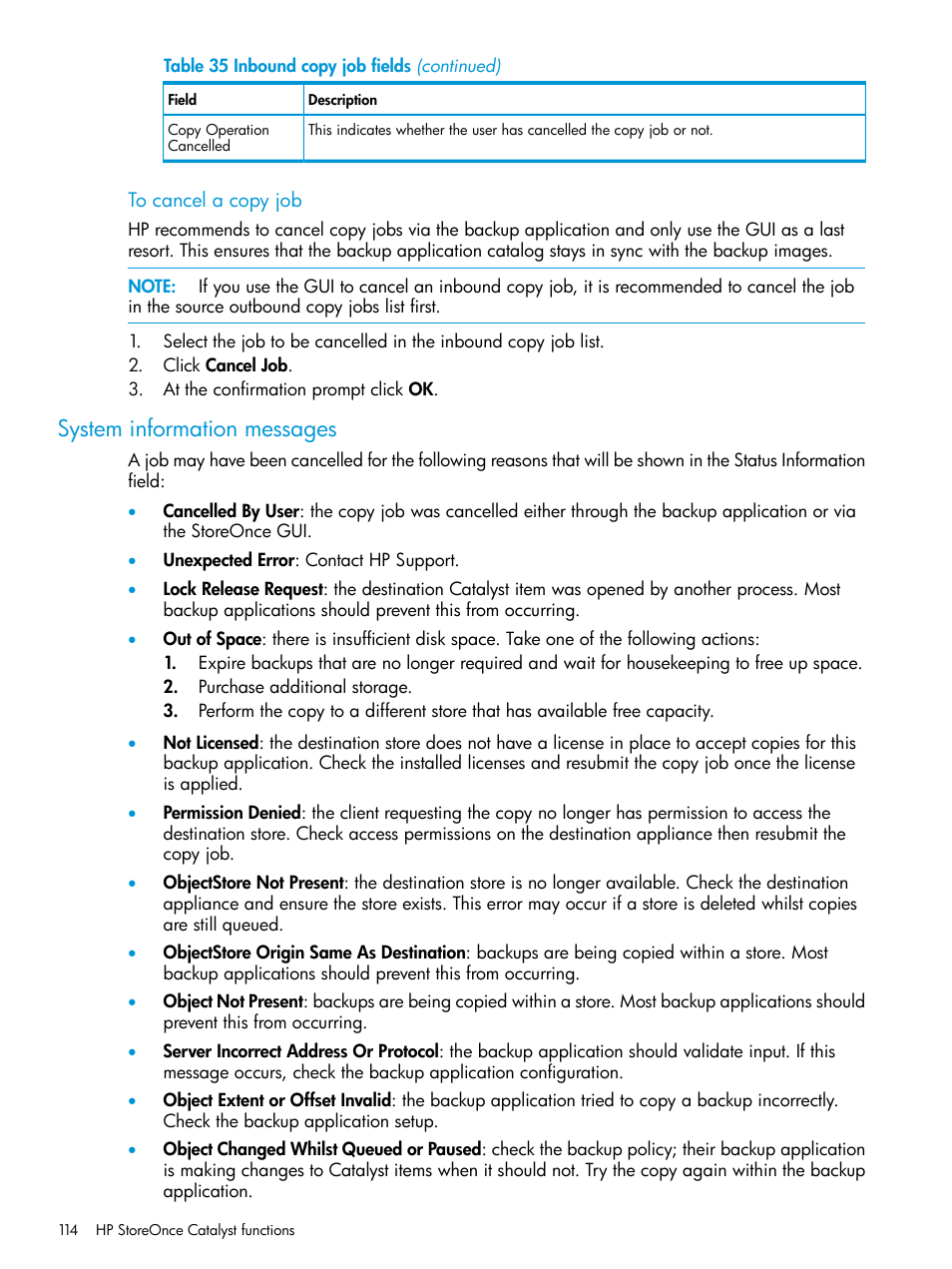 System information messages | HP StoreOnce Backup User Manual | Page 114 / 204
