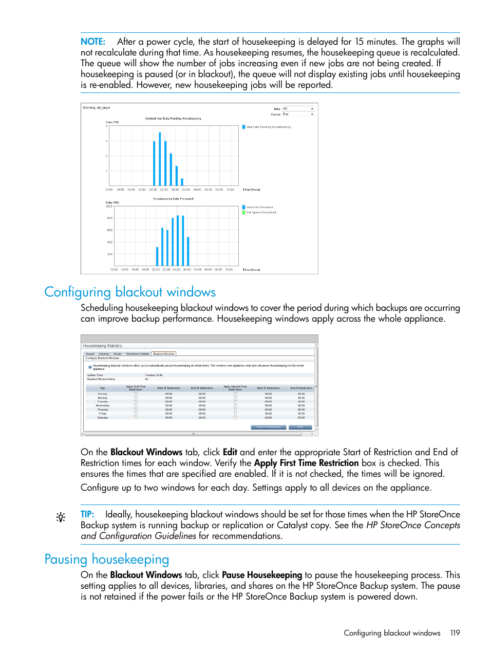 Configuring blackout windows, Pausing housekeeping, Configuring blackout windows pausing housekeeping | Configuring blackout | HP StoreOnce Backup User Manual | Page 119 / 204