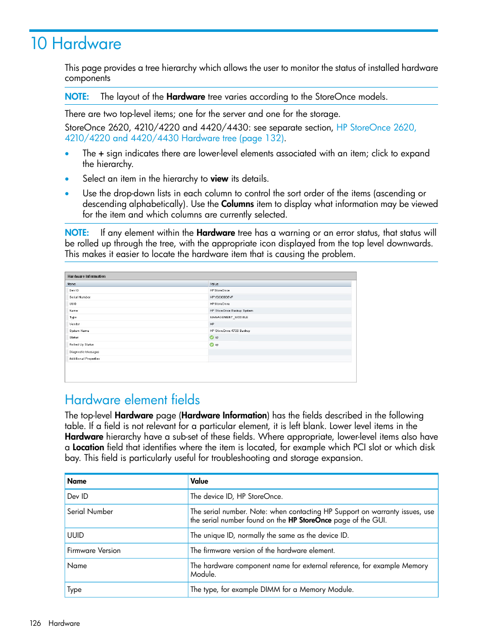 10 hardware, Hardware element fields | HP StoreOnce Backup User Manual | Page 126 / 204