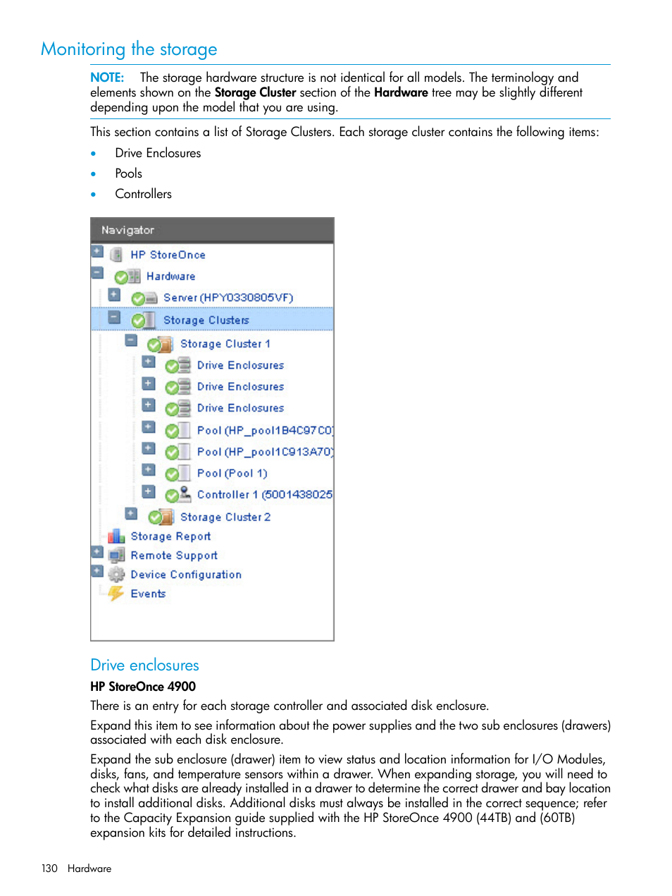 Monitoring the storage, Drive enclosures | HP StoreOnce Backup User Manual | Page 130 / 204