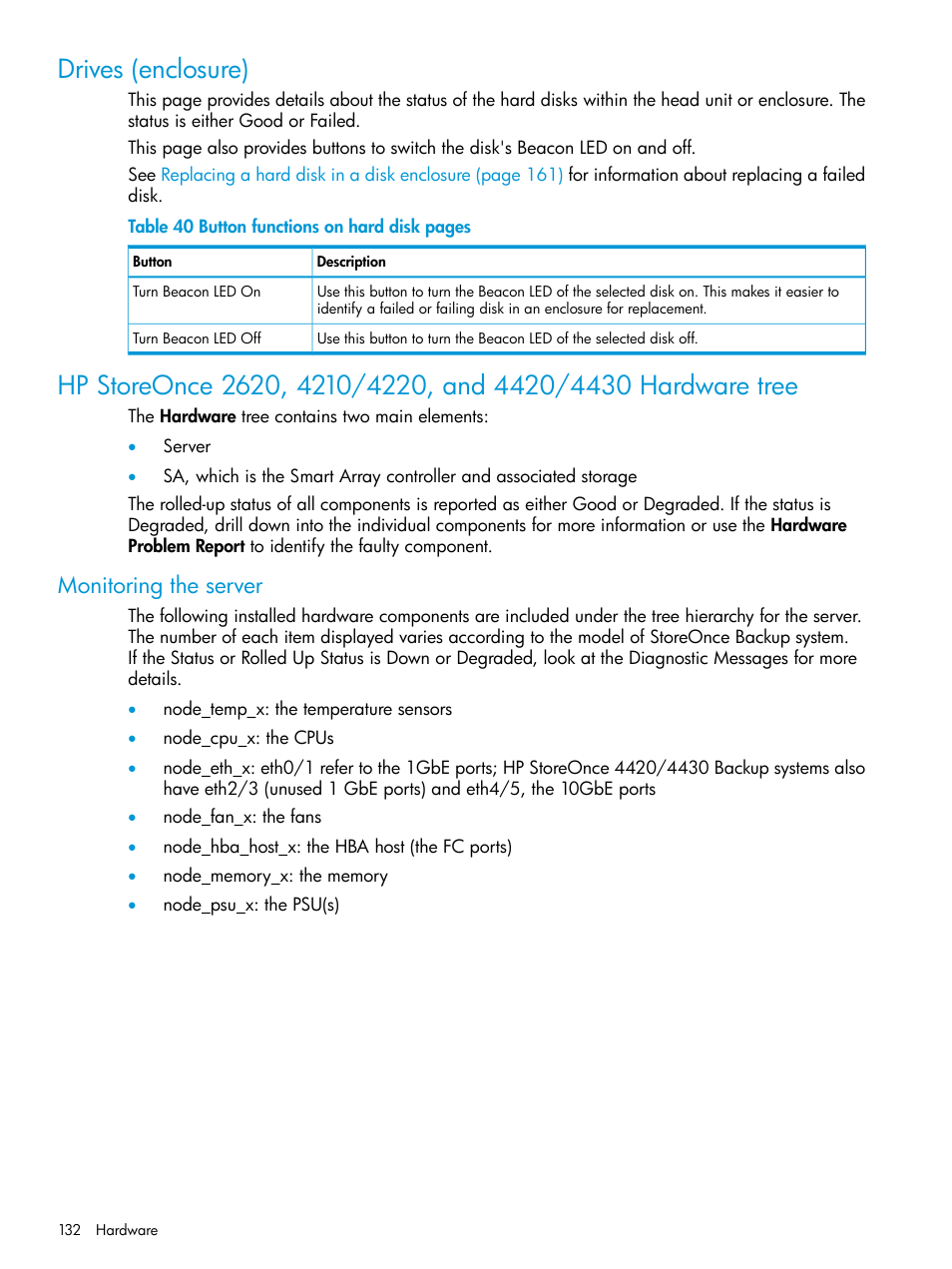 Drives (enclosure), Monitoring the server | HP StoreOnce Backup User Manual | Page 132 / 204