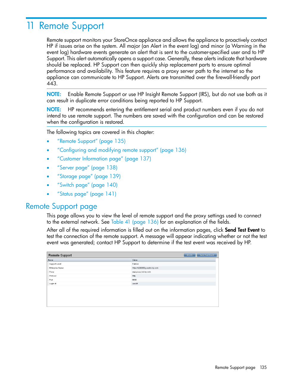 11 remote support, Remote support page | HP StoreOnce Backup User Manual | Page 135 / 204