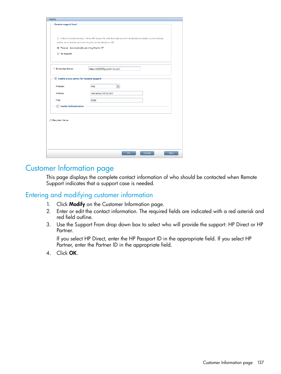 Entering and modifying customer information, Customer information page | HP StoreOnce Backup User Manual | Page 137 / 204