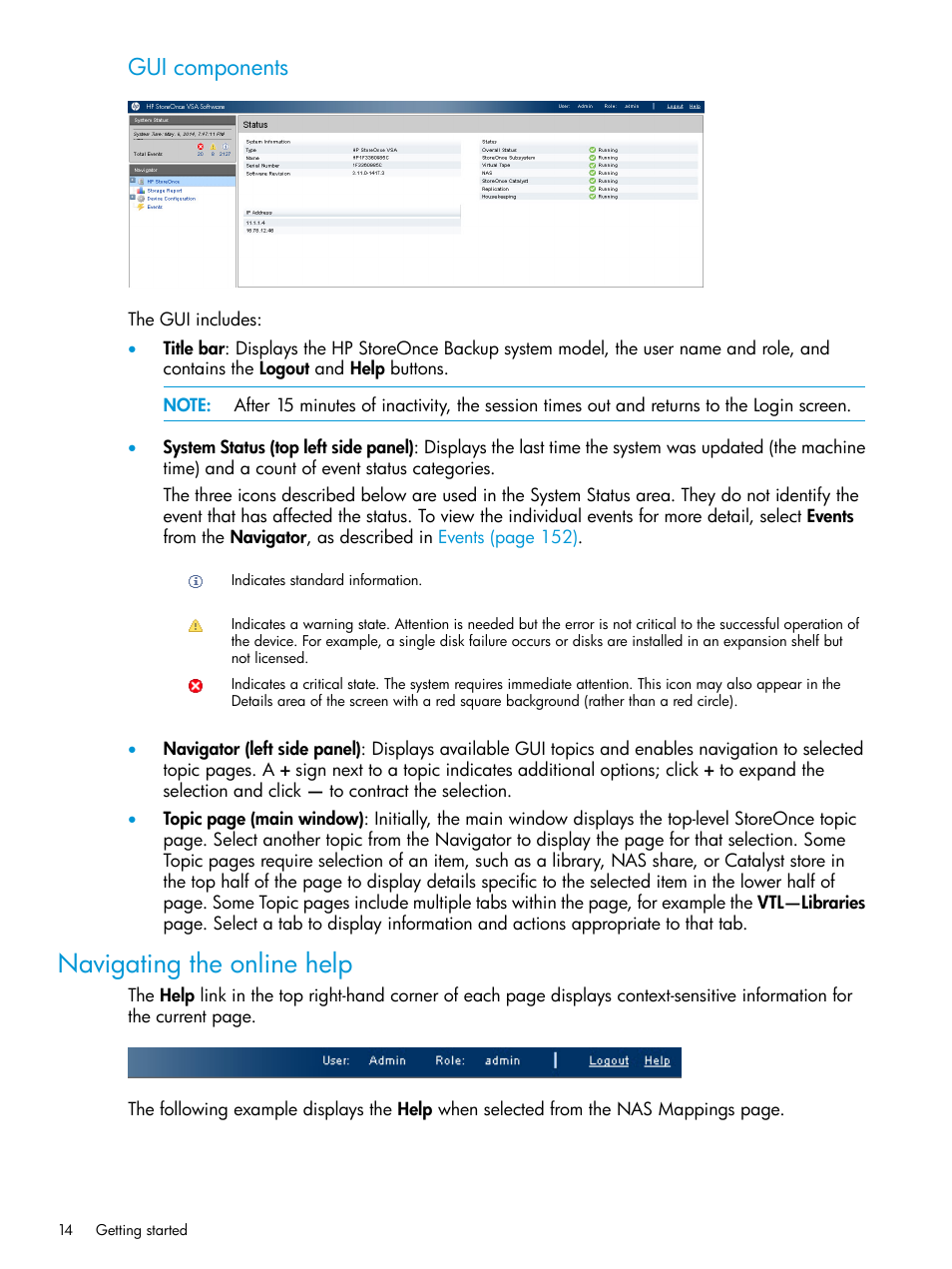 Navigating the online help, Gui components | HP StoreOnce Backup User Manual | Page 14 / 204