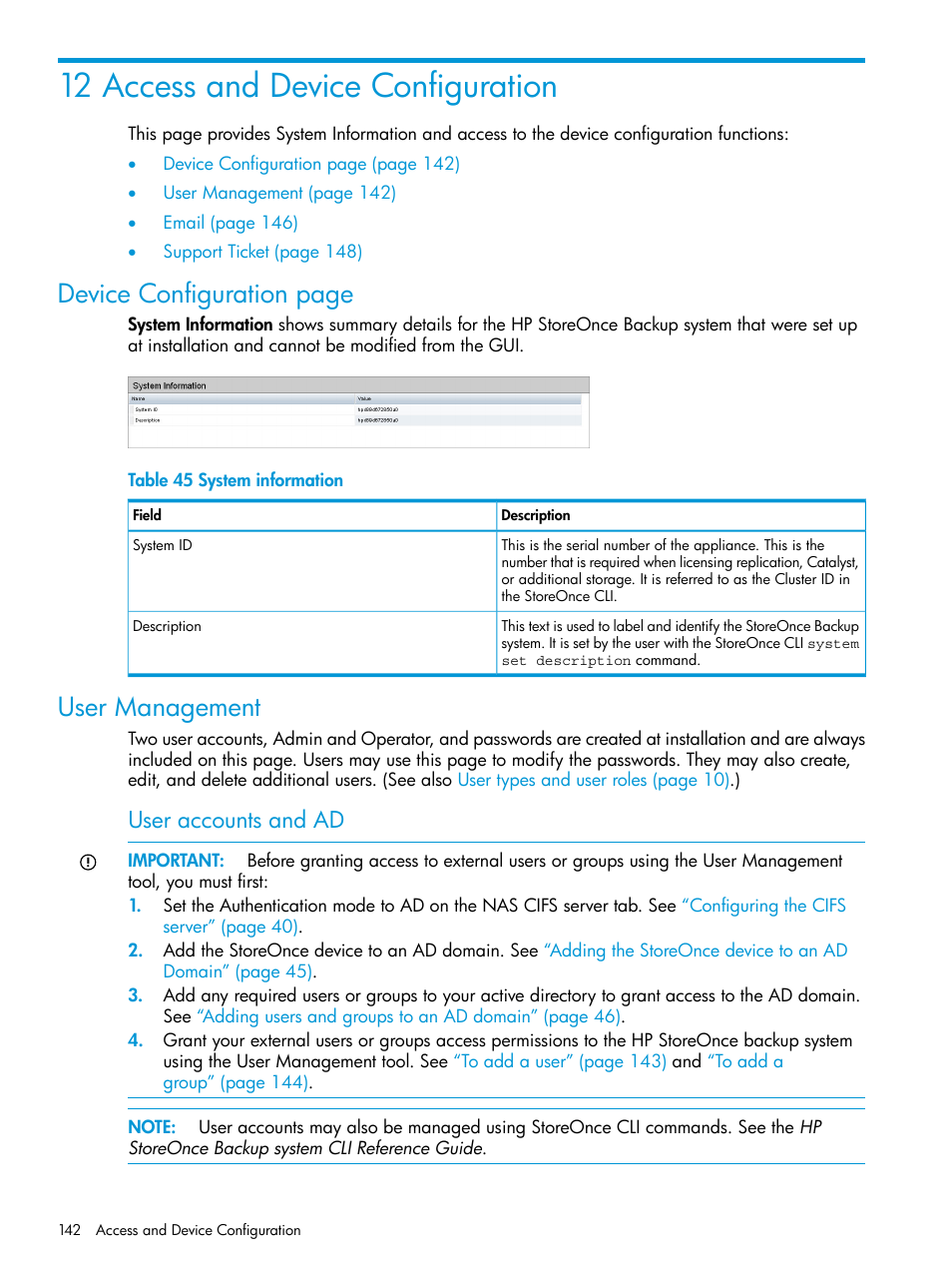 12 access and device configuration, User management, Device configuration page | User accounts and ad | HP StoreOnce Backup User Manual | Page 142 / 204