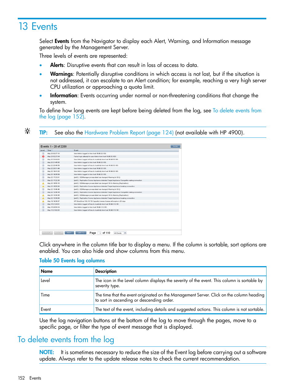 13 events, To delete events from the log | HP StoreOnce Backup User Manual | Page 152 / 204