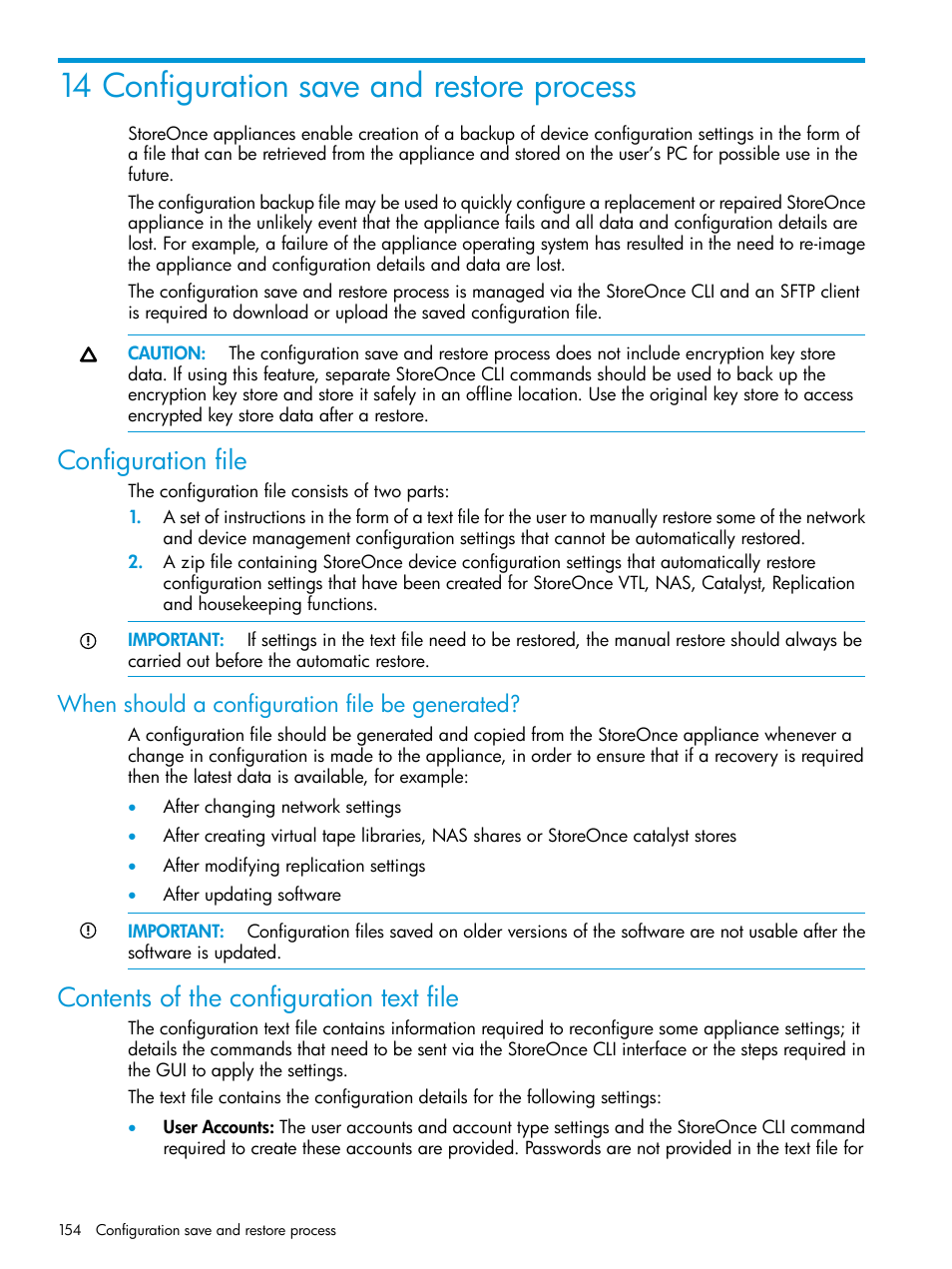 14 configuration save and restore process, Configuration file, When should a configuration file be generated | Contents of the configuration text file | HP StoreOnce Backup User Manual | Page 154 / 204