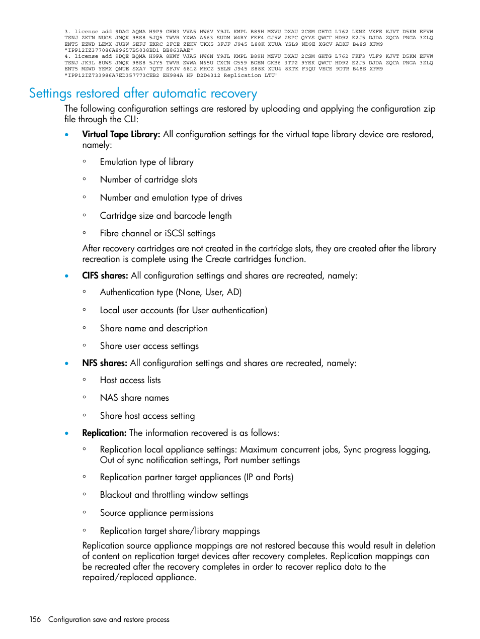 Settings restored after automatic recovery | HP StoreOnce Backup User Manual | Page 156 / 204