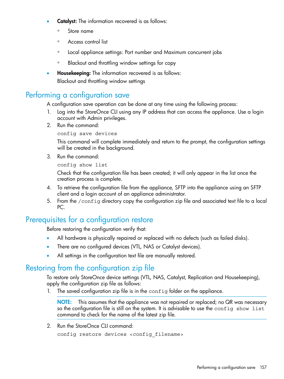 Performing a configuration save, Prerequisites for a configuration restore, Restoring from the configuration zip file | HP StoreOnce Backup User Manual | Page 157 / 204