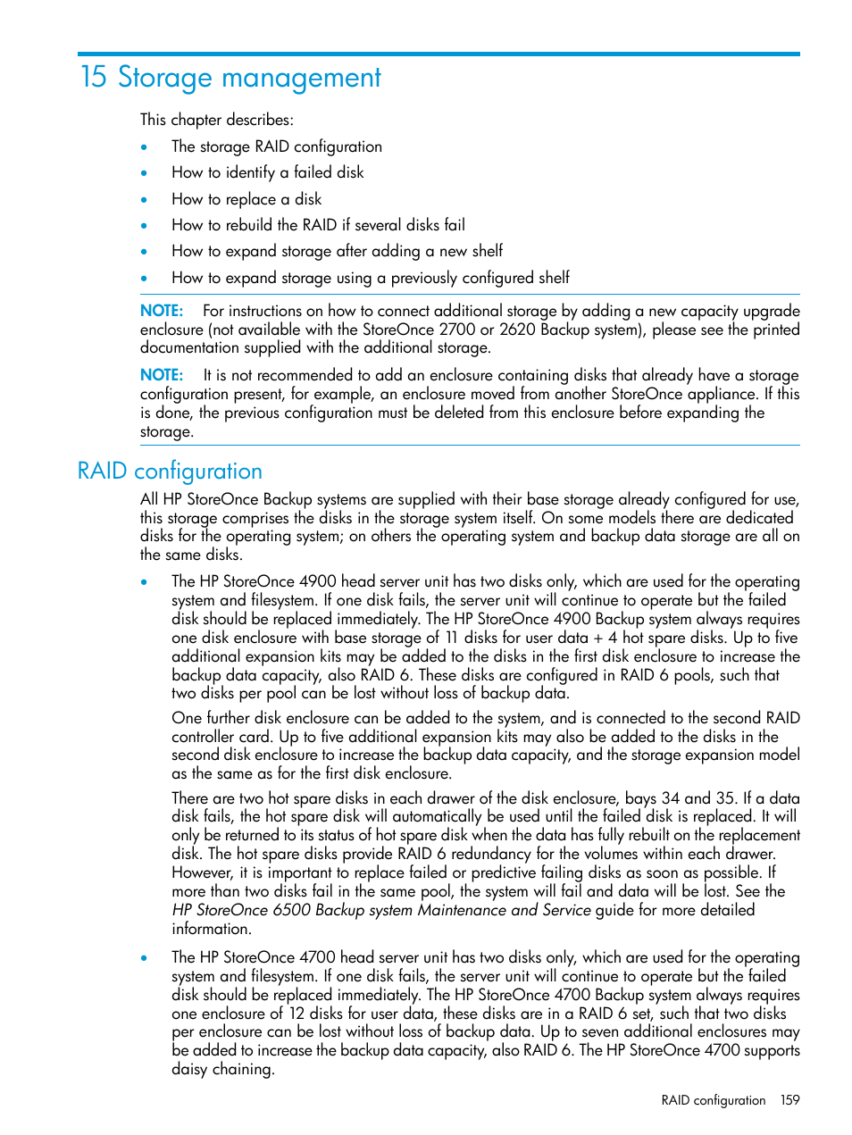 15 storage management, Raid configuration | HP StoreOnce Backup User Manual | Page 159 / 204