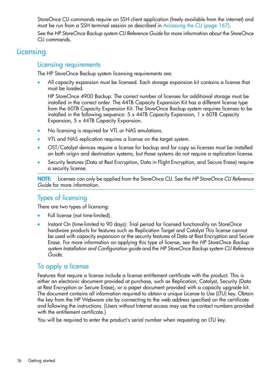 Licensing, Licensing requirements, Types of licensing | HP StoreOnce Backup User Manual | Page 16 / 204