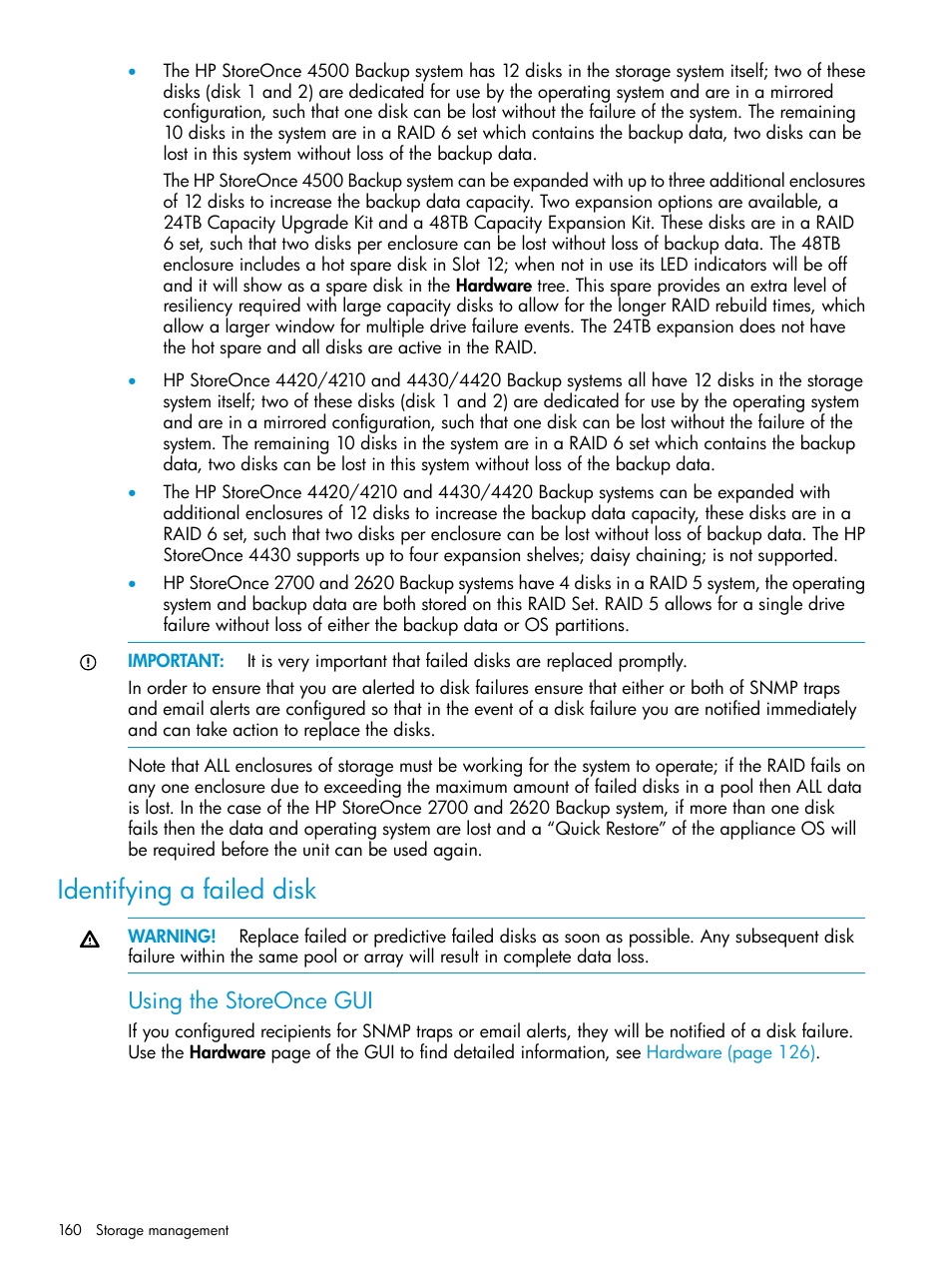 Identifying a failed disk, Using the storeonce gui | HP StoreOnce Backup User Manual | Page 160 / 204