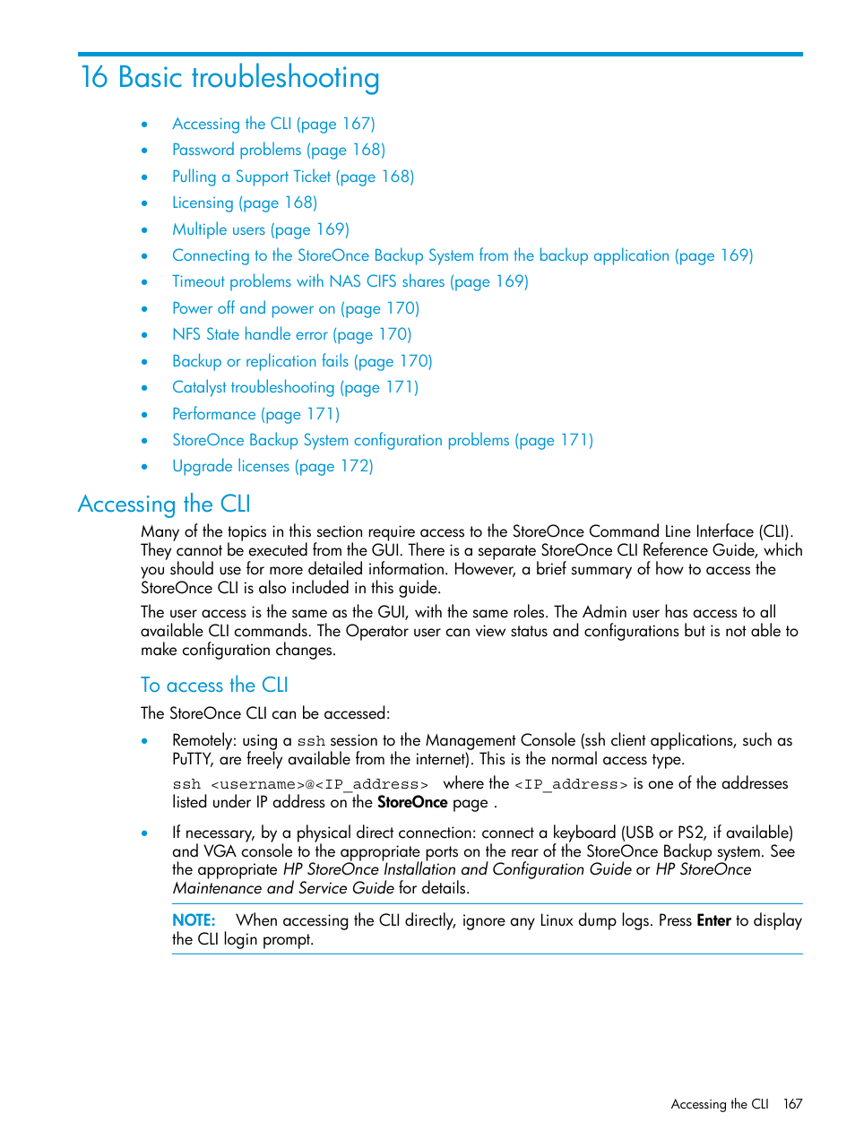 16 basic troubleshooting, Accessing the cli | HP StoreOnce Backup User Manual | Page 167 / 204