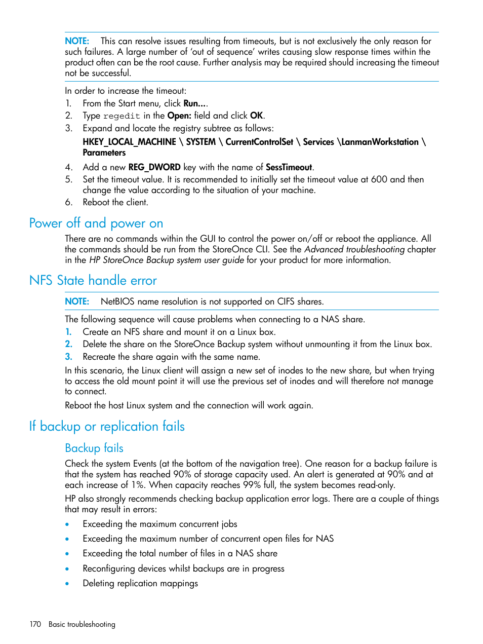 Power off and power on, Nfs state handle error, If backup or replication fails | Backup fails | HP StoreOnce Backup User Manual | Page 170 / 204