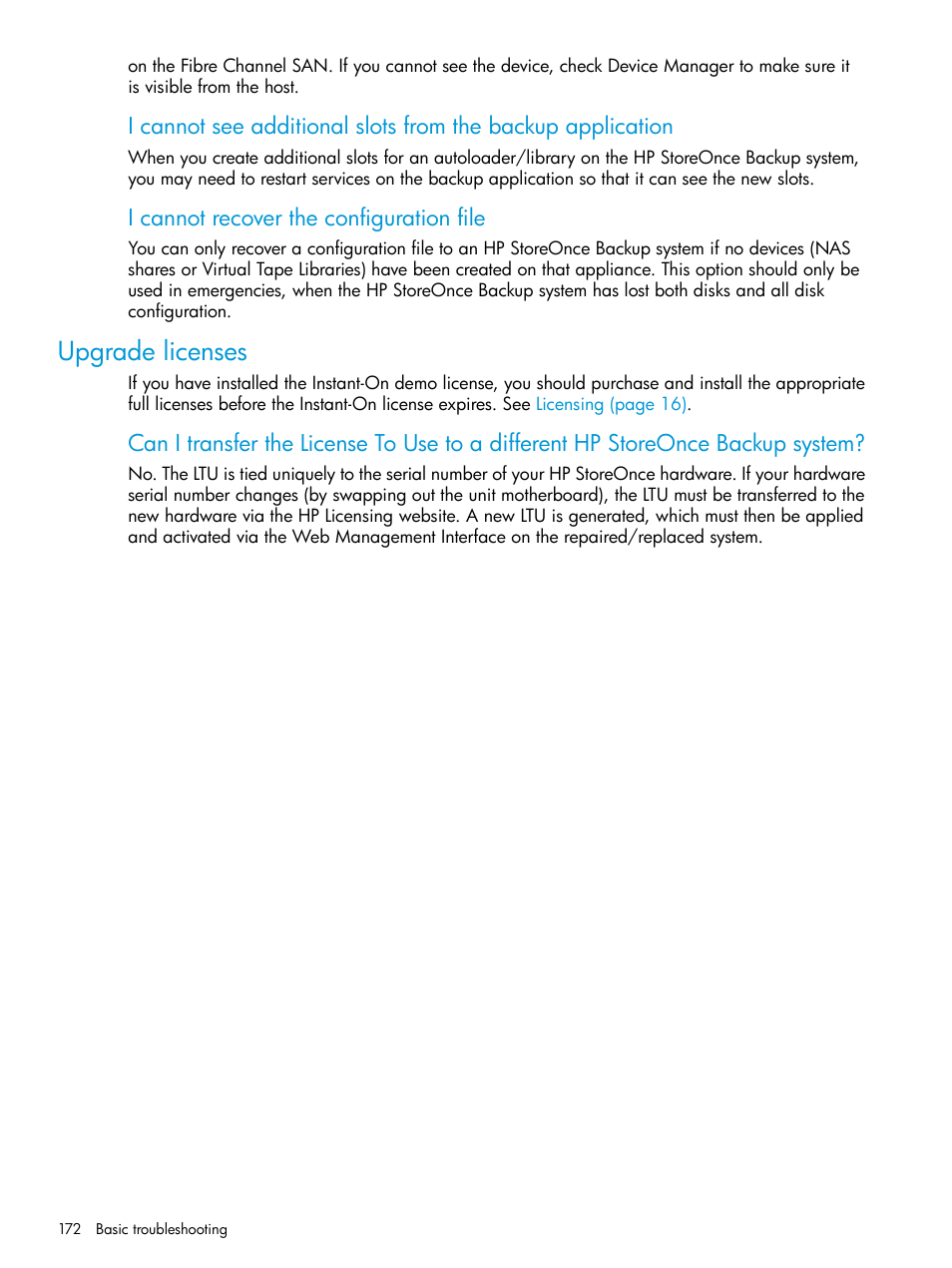 Upgrade licenses, I cannot recover the configuration file | HP StoreOnce Backup User Manual | Page 172 / 204