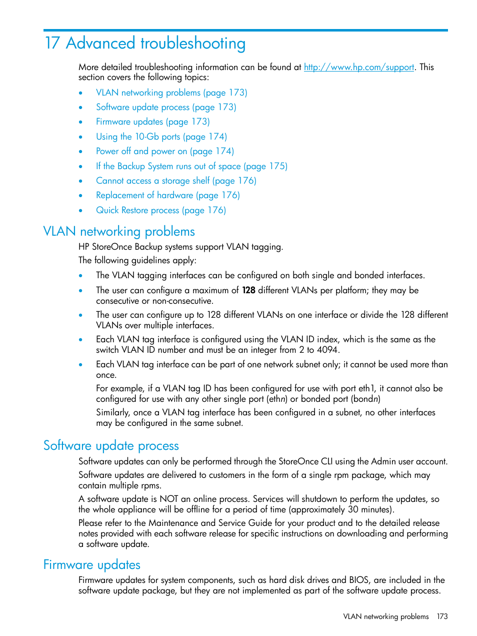 17 advanced troubleshooting, Vlan networking problems, Software update process | Firmware updates | HP StoreOnce Backup User Manual | Page 173 / 204