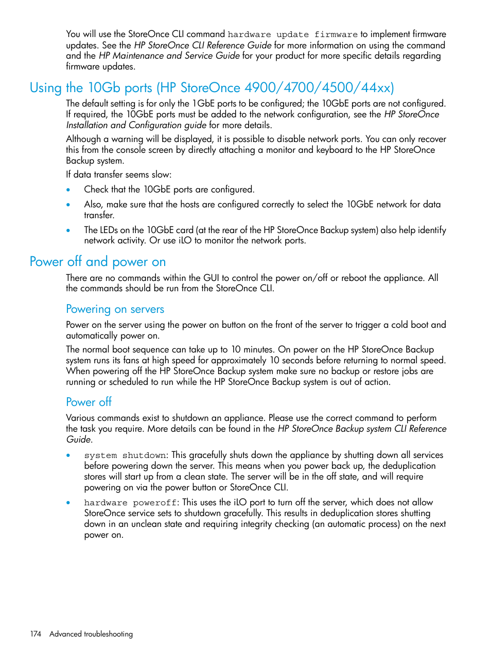 Power off and power on, Powering on servers, Power off | HP StoreOnce Backup User Manual | Page 174 / 204