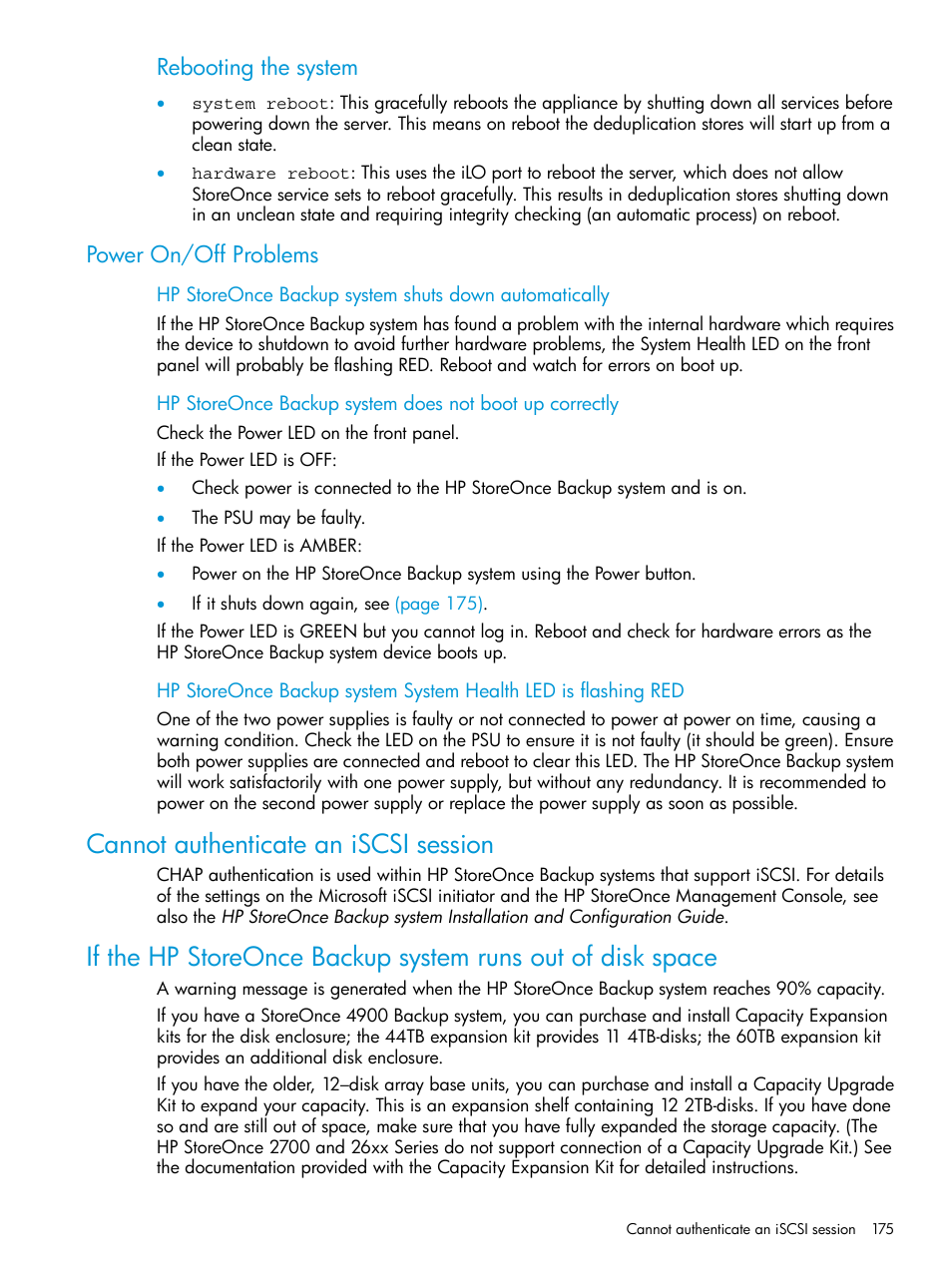 Power on/off problems, Cannot authenticate an iscsi session, Rebooting the system | HP StoreOnce Backup User Manual | Page 175 / 204