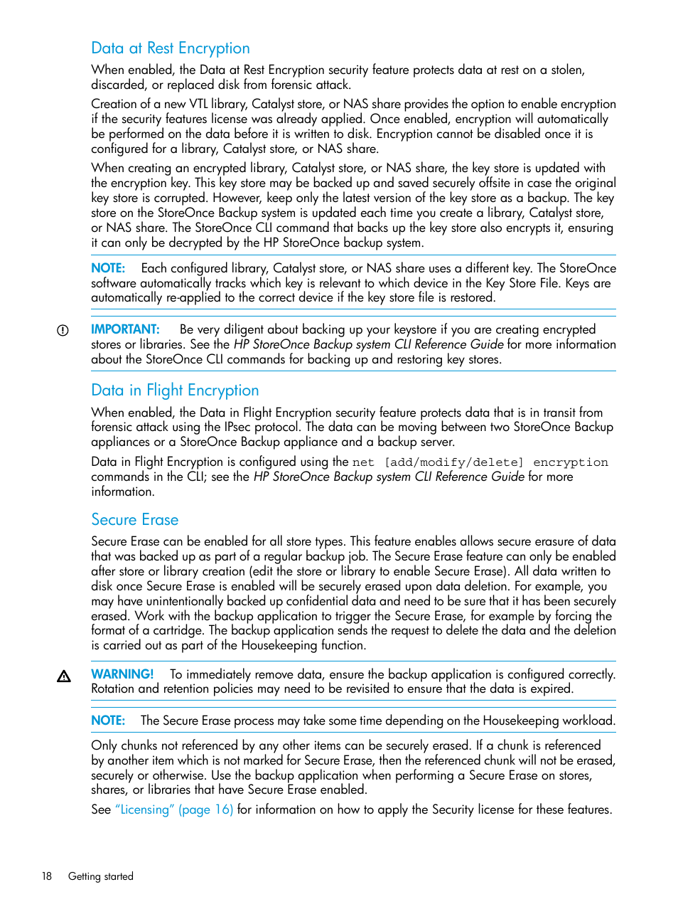 Data at rest encryption, Data in flight encryption, Secure erase | HP StoreOnce Backup User Manual | Page 18 / 204