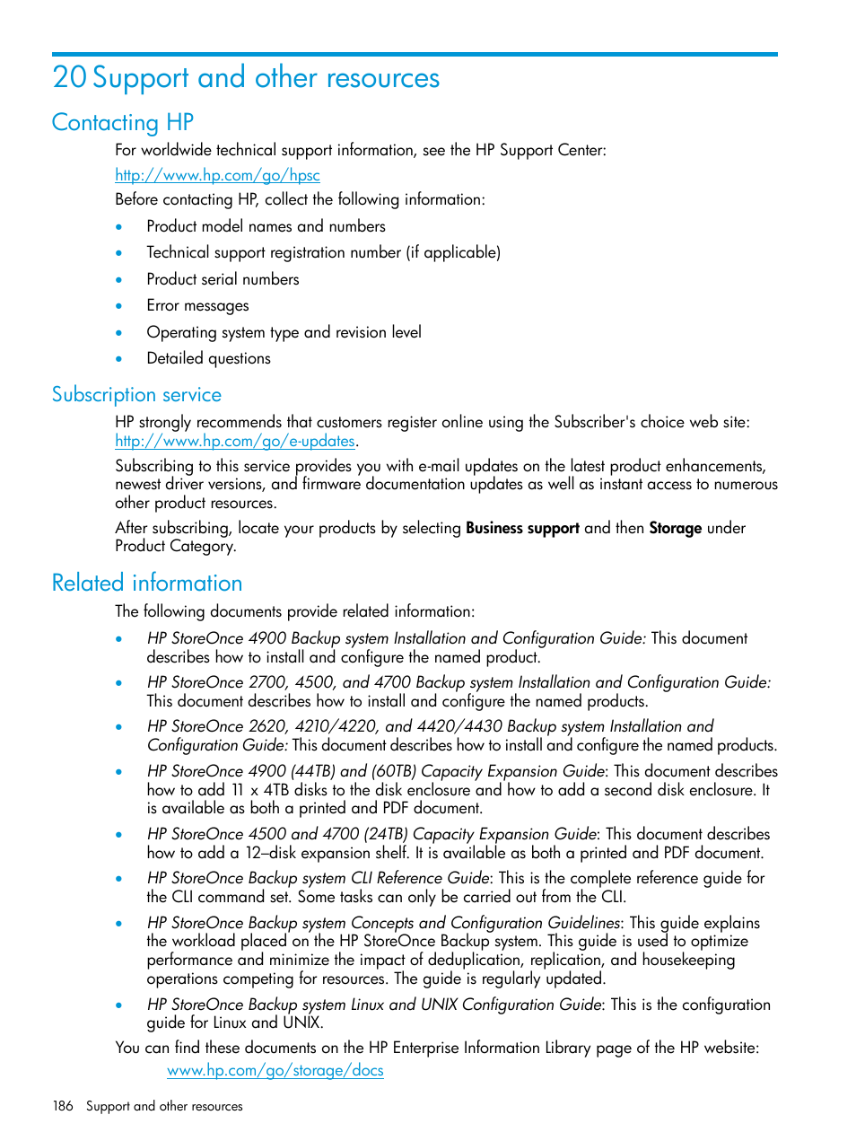 20 support and other resources, Contacting hp, Subscription service | Related information | HP StoreOnce Backup User Manual | Page 186 / 204