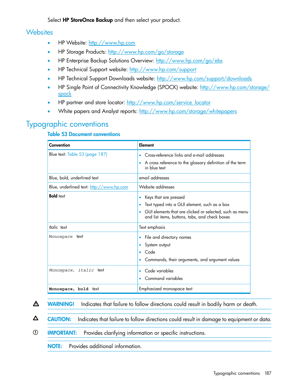 Websites, Typographic conventions | HP StoreOnce Backup User Manual | Page 187 / 204