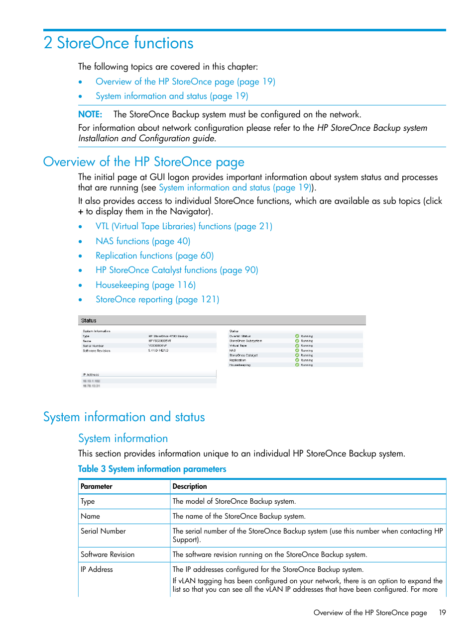 2 storeonce functions, System information and status, Overview of the hp storeonce page | System information | HP StoreOnce Backup User Manual | Page 19 / 204