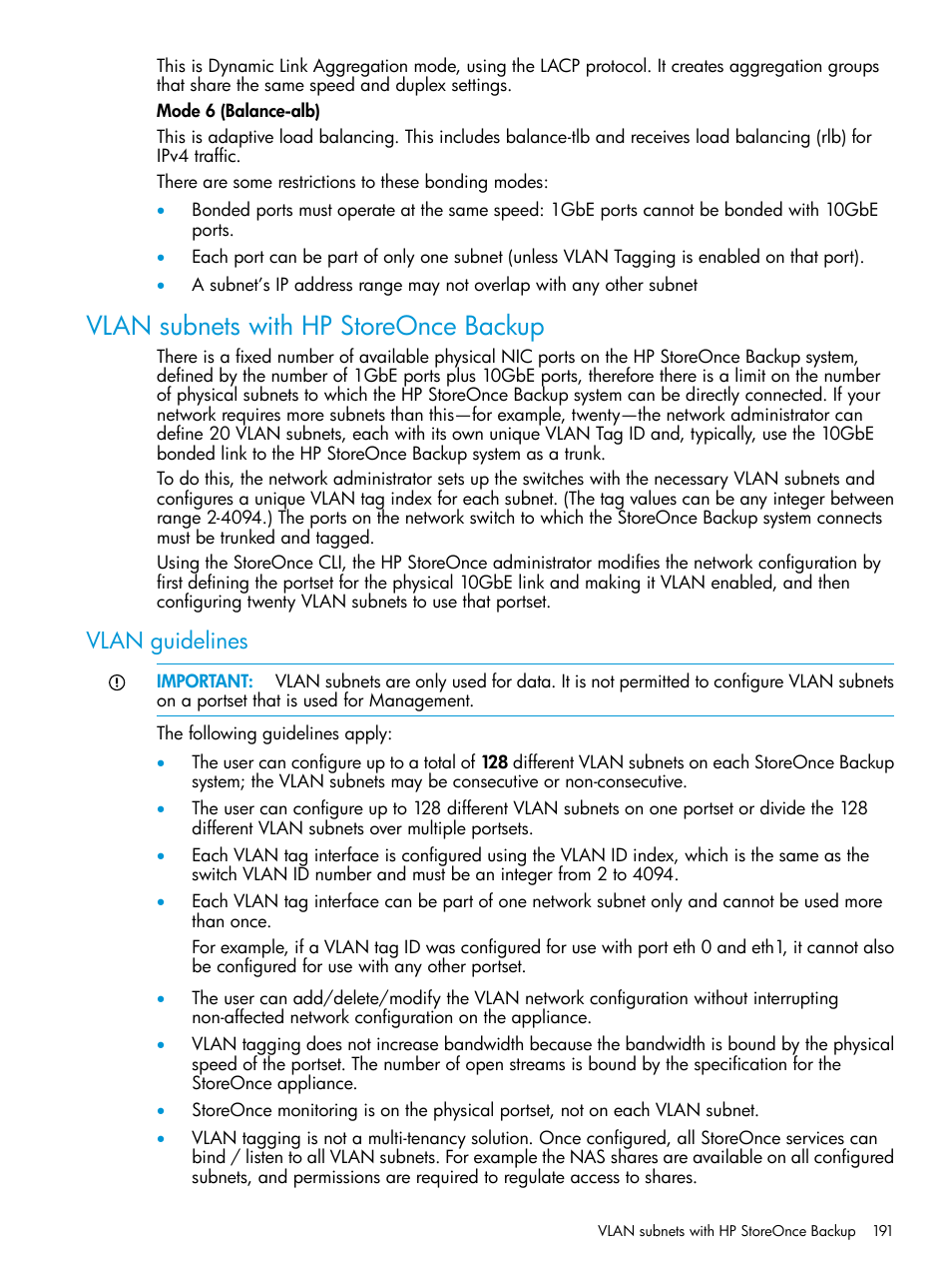 Vlan subnets with hp storeonce backup, Vlan guidelines | HP StoreOnce Backup User Manual | Page 191 / 204