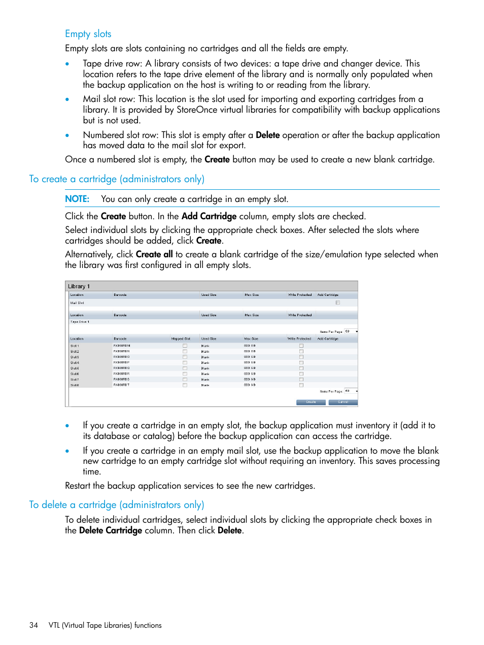 To create a cartridge (administrators only), To delete a cartridge (administrators only) | HP StoreOnce Backup User Manual | Page 34 / 204