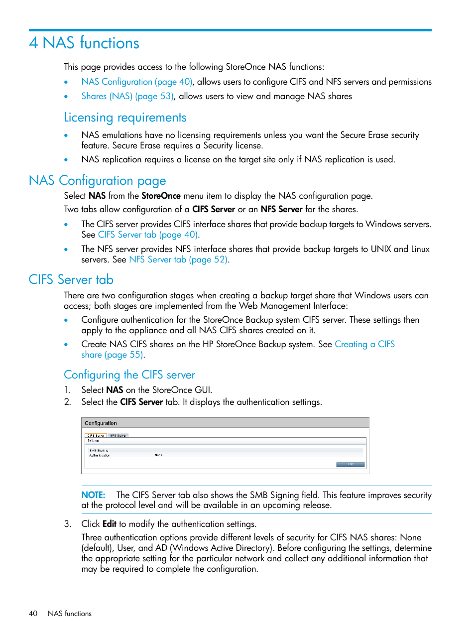 4 nas functions, Cifs server tab, Licensing requirements | Nas configuration page, Configuring the cifs server | HP StoreOnce Backup User Manual | Page 40 / 204