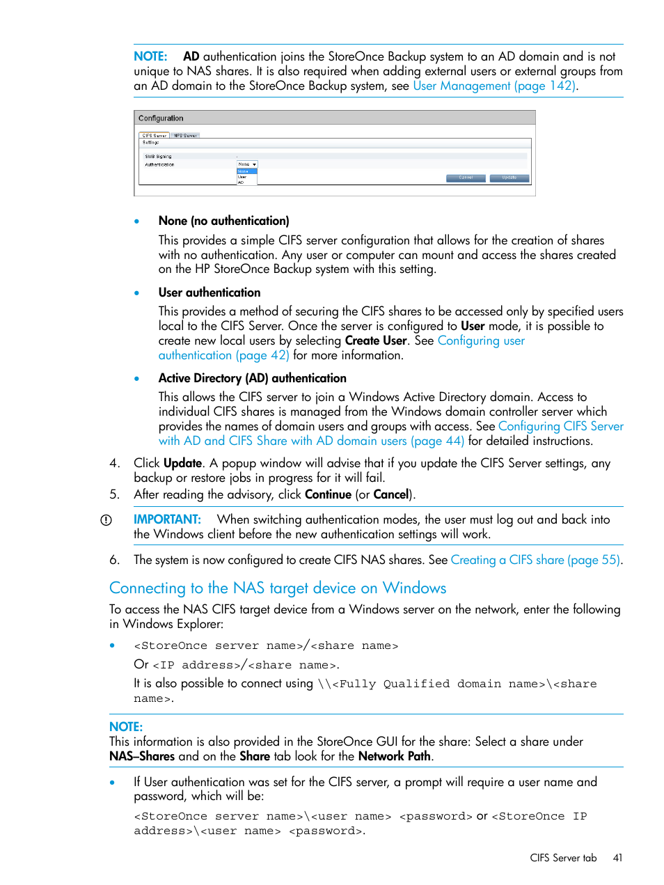 Connecting to the nas target device on windows | HP StoreOnce Backup User Manual | Page 41 / 204