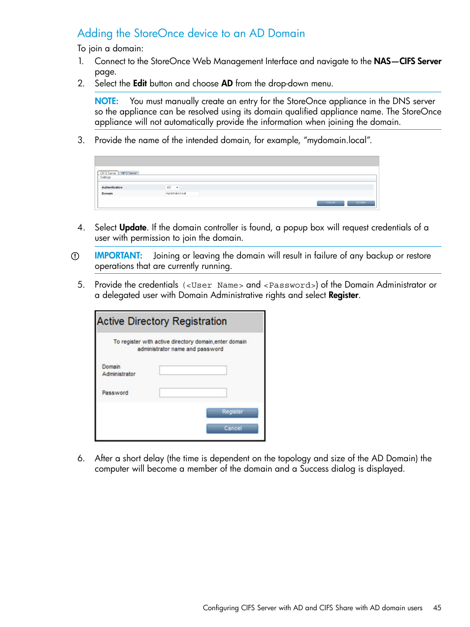 Adding the storeonce device to an ad, Adding the storeonce device to an ad domain | HP StoreOnce Backup User Manual | Page 45 / 204