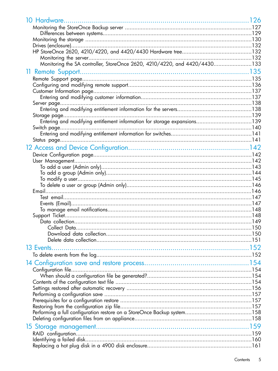10 hardware, 11 remote support, 12 access and device configuration | 13 events, 14 configuration save and restore process, 15 storage management | HP StoreOnce Backup User Manual | Page 5 / 204