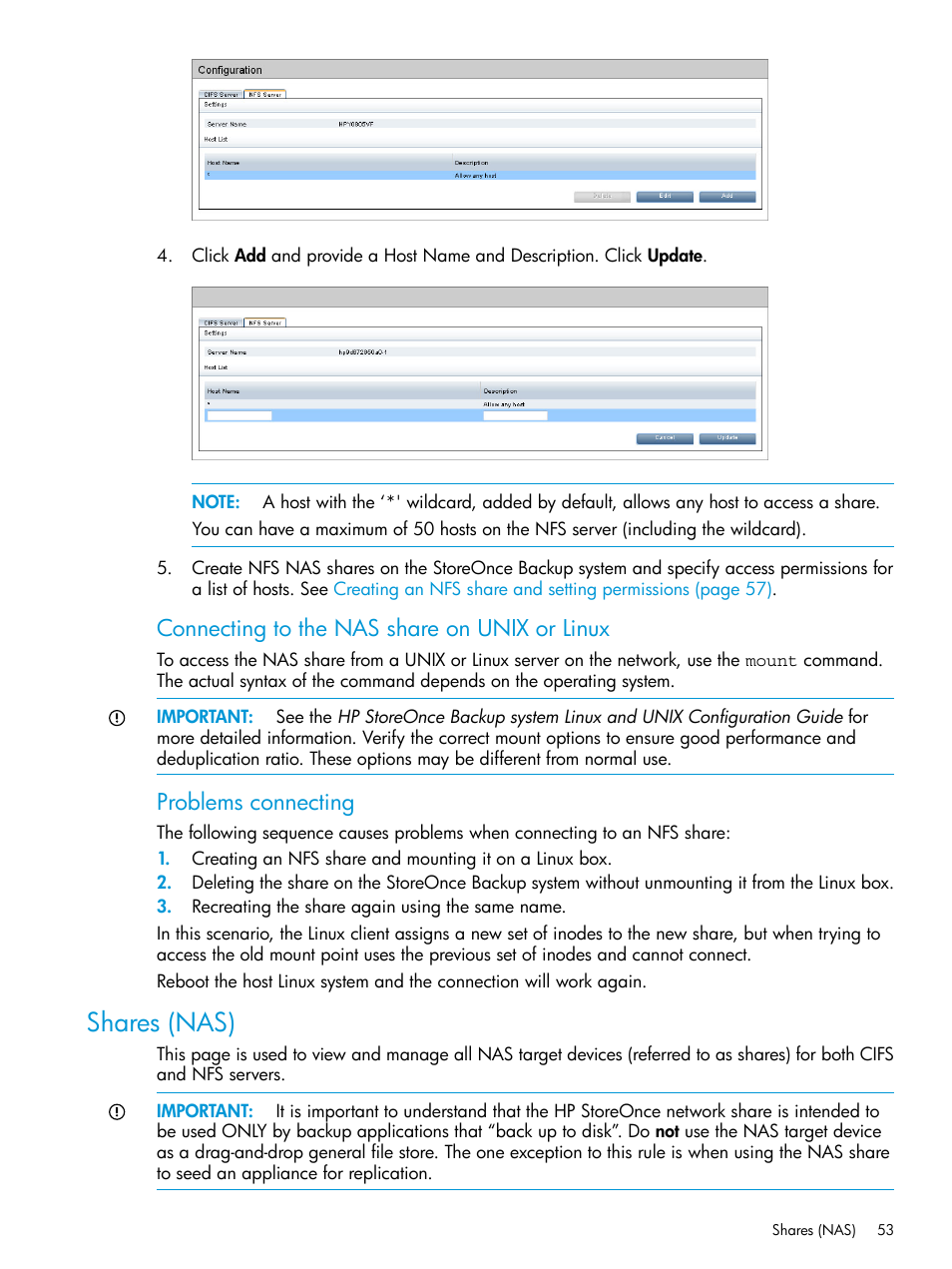 Shares (nas), Connecting to the nas share on unix or linux, Problems connecting | HP StoreOnce Backup User Manual | Page 53 / 204