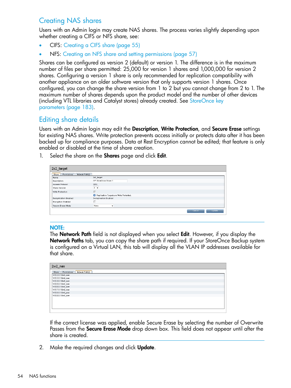 Creating nas shares, Editing share details | HP StoreOnce Backup User Manual | Page 54 / 204