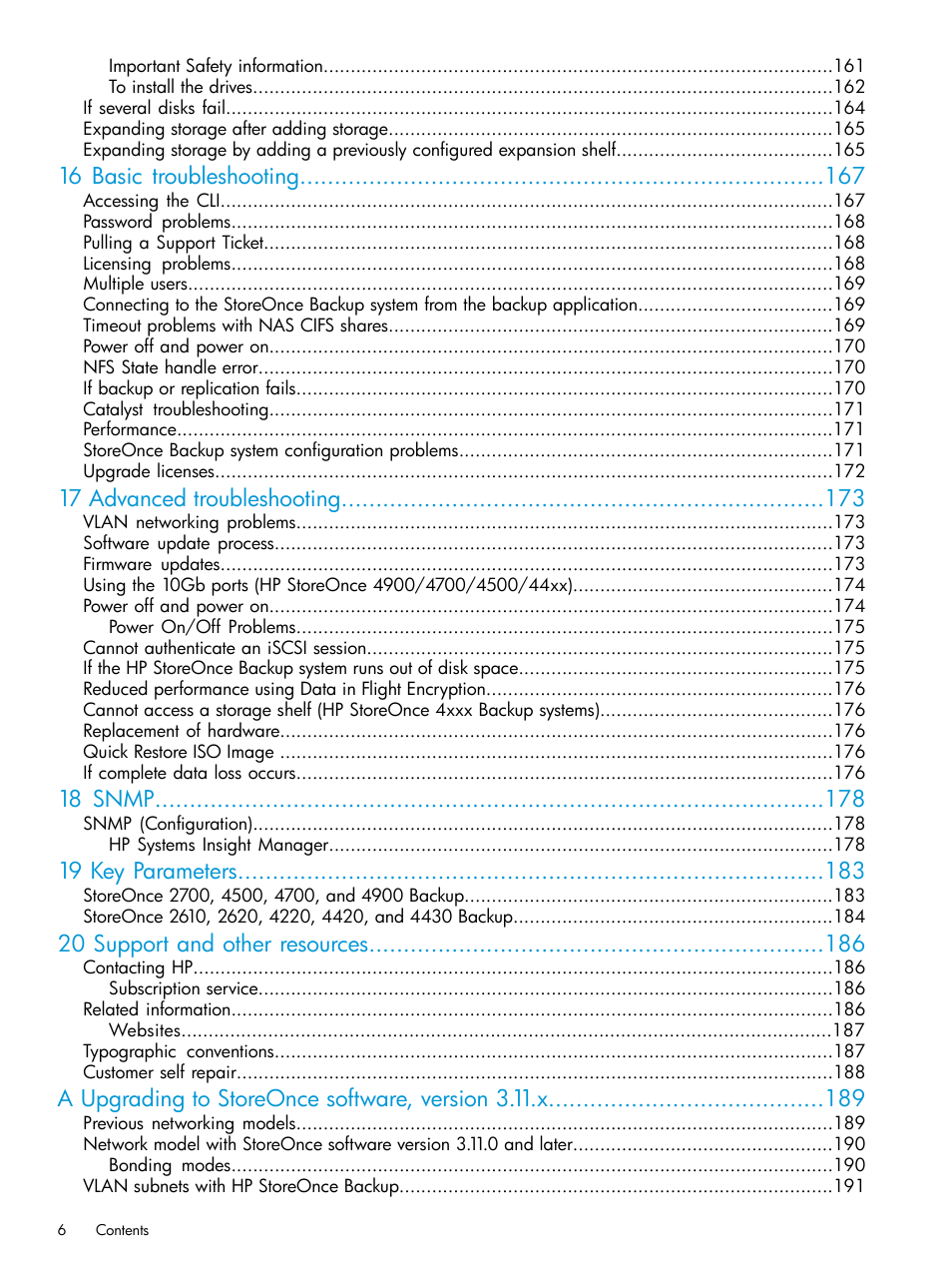 16 basic troubleshooting, 17 advanced troubleshooting, 18 snmp | 19 key parameters, 20 support and other resources, A upgrading to storeonce software, version 3.11.x | HP StoreOnce Backup User Manual | Page 6 / 204