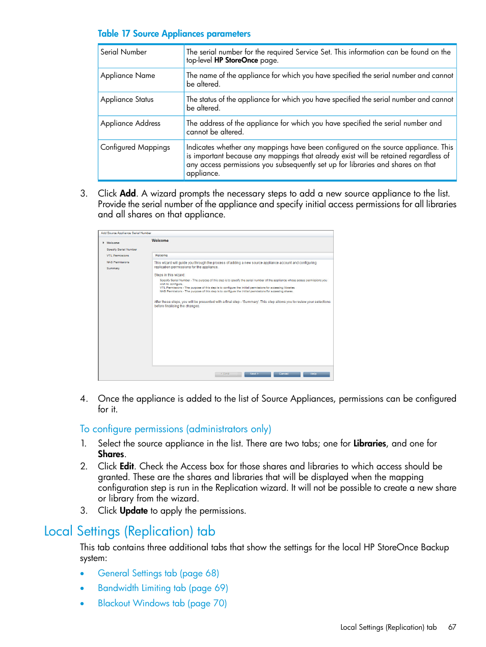 Local settings (replication) tab | HP StoreOnce Backup User Manual | Page 67 / 204