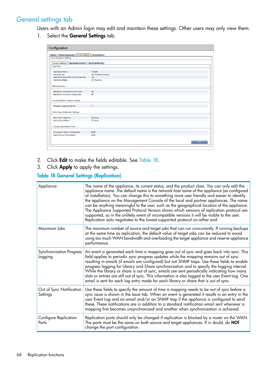 General settings tab | HP StoreOnce Backup User Manual | Page 68 / 204