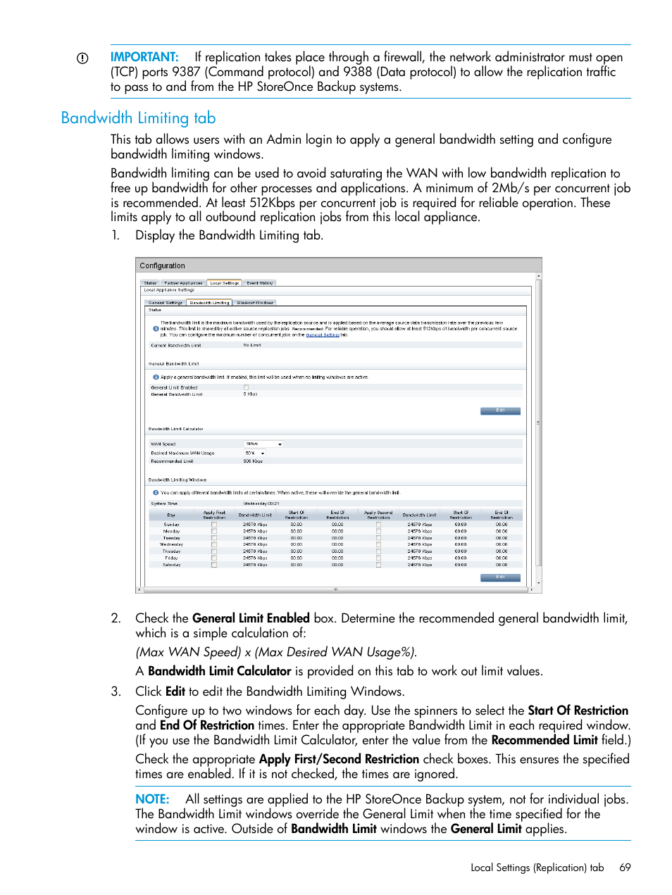 Bandwidth limiting tab | HP StoreOnce Backup User Manual | Page 69 / 204