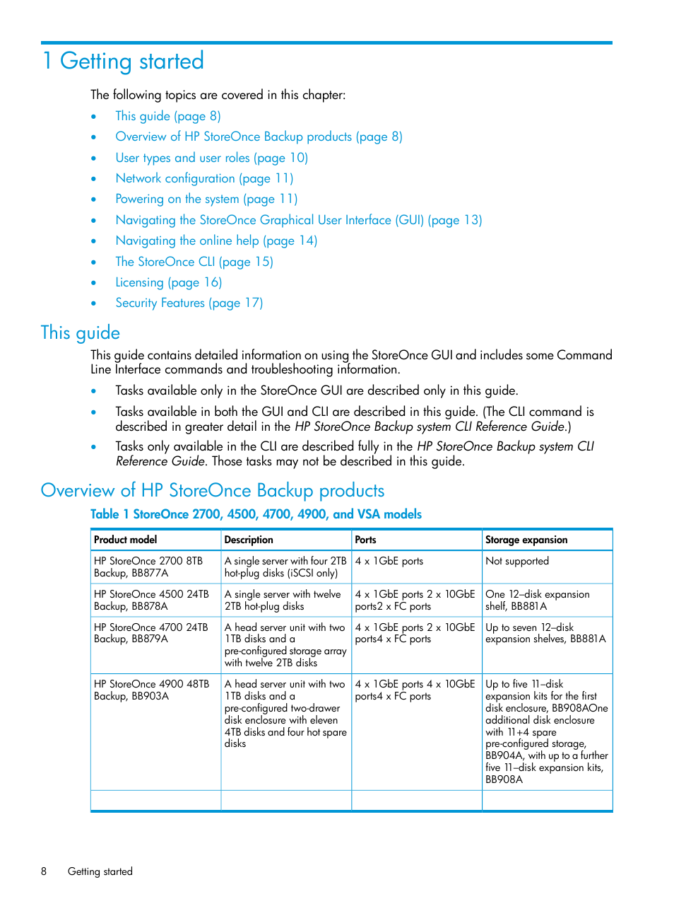 1 getting started, This guide, Overview of hp storeonce backup products | HP StoreOnce Backup User Manual | Page 8 / 204