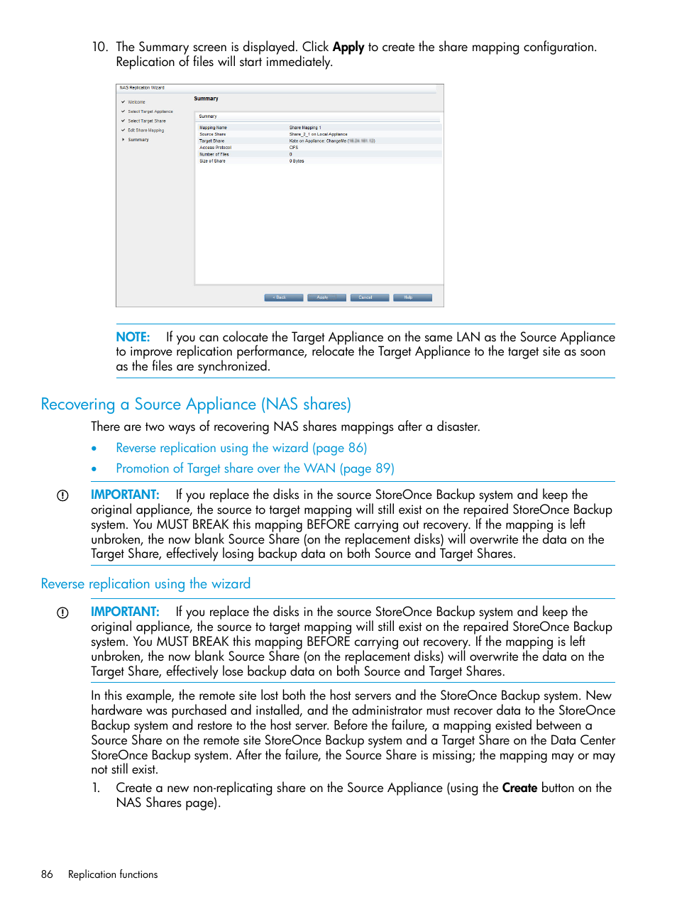 Recovering a source appliance (nas shares), Reverse replication using the wizard, Recovering a source | HP StoreOnce Backup User Manual | Page 86 / 204