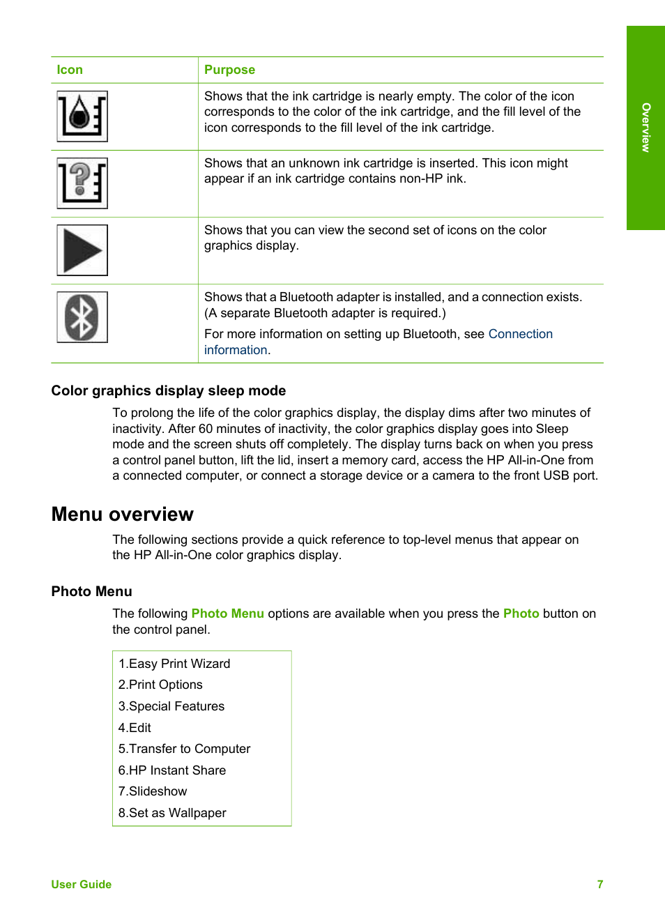 Color graphics display sleep mode, Menu overview, Photo menu | HP Photosmart 3110 All-in-One Printer User Manual | Page 10 / 166