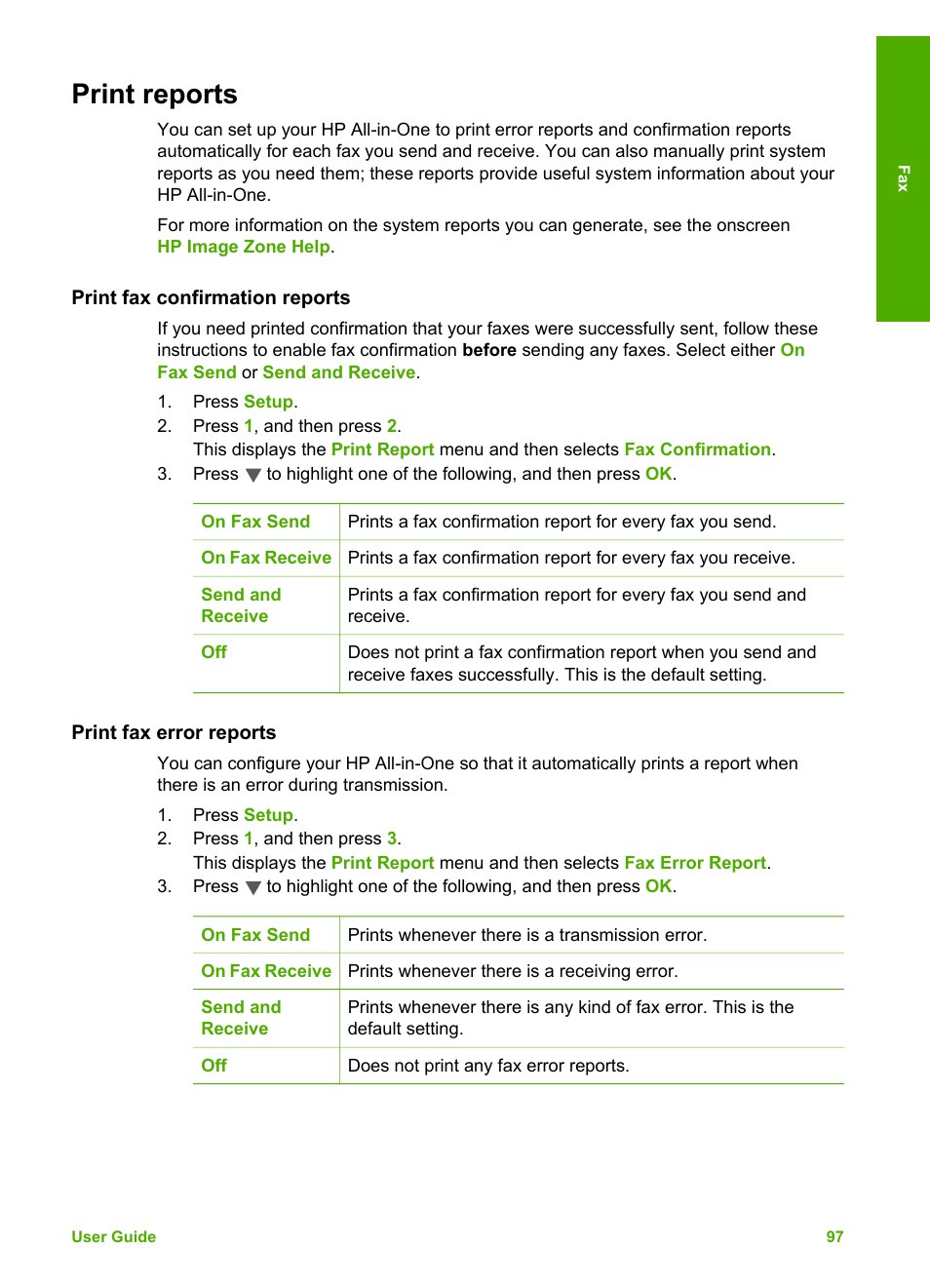 Print reports, Print fax confirmation reports, Print fax error reports | HP Photosmart 3110 All-in-One Printer User Manual | Page 100 / 166