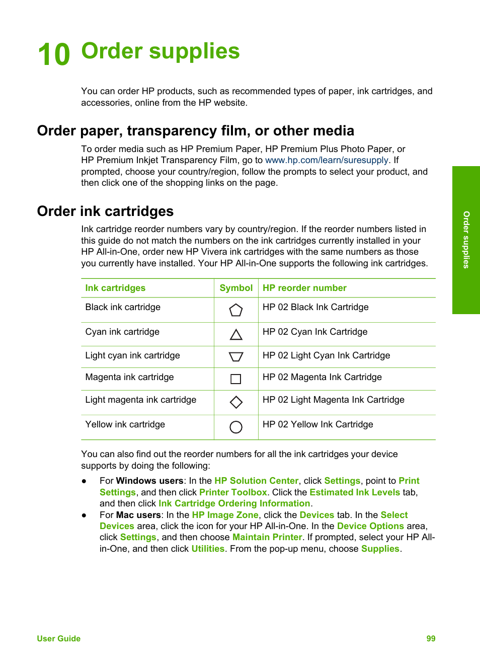 Order supplies, Order paper, transparency film, or other media, Order ink cartridges | 10 order supplies | HP Photosmart 3110 All-in-One Printer User Manual | Page 102 / 166