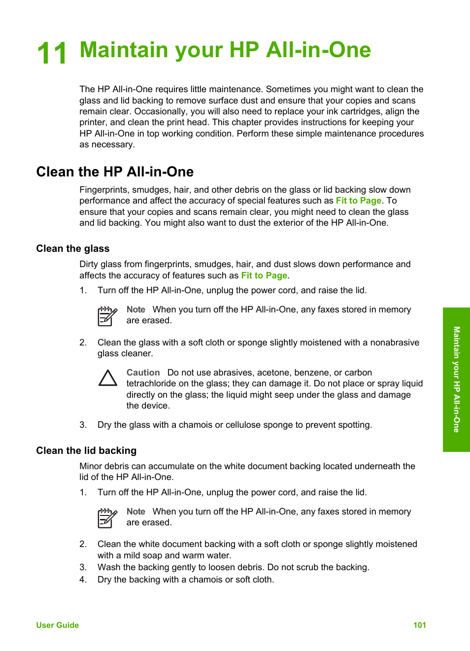 Maintain your hp all-in-one, Clean the hp all-in-one, Clean the glass | Clean the lid backing, 11 maintain your hp all-in-one | HP Photosmart 3110 All-in-One Printer User Manual | Page 104 / 166
