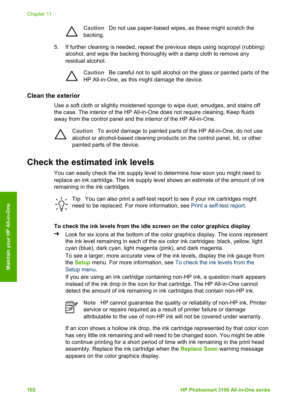 Clean the exterior, Check the estimated ink levels | HP Photosmart 3110 All-in-One Printer User Manual | Page 105 / 166