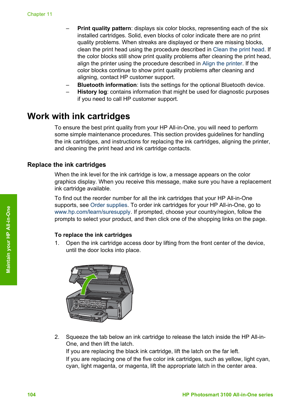 Work with ink cartridges, Replace the ink cartridges | HP Photosmart 3110 All-in-One Printer User Manual | Page 107 / 166