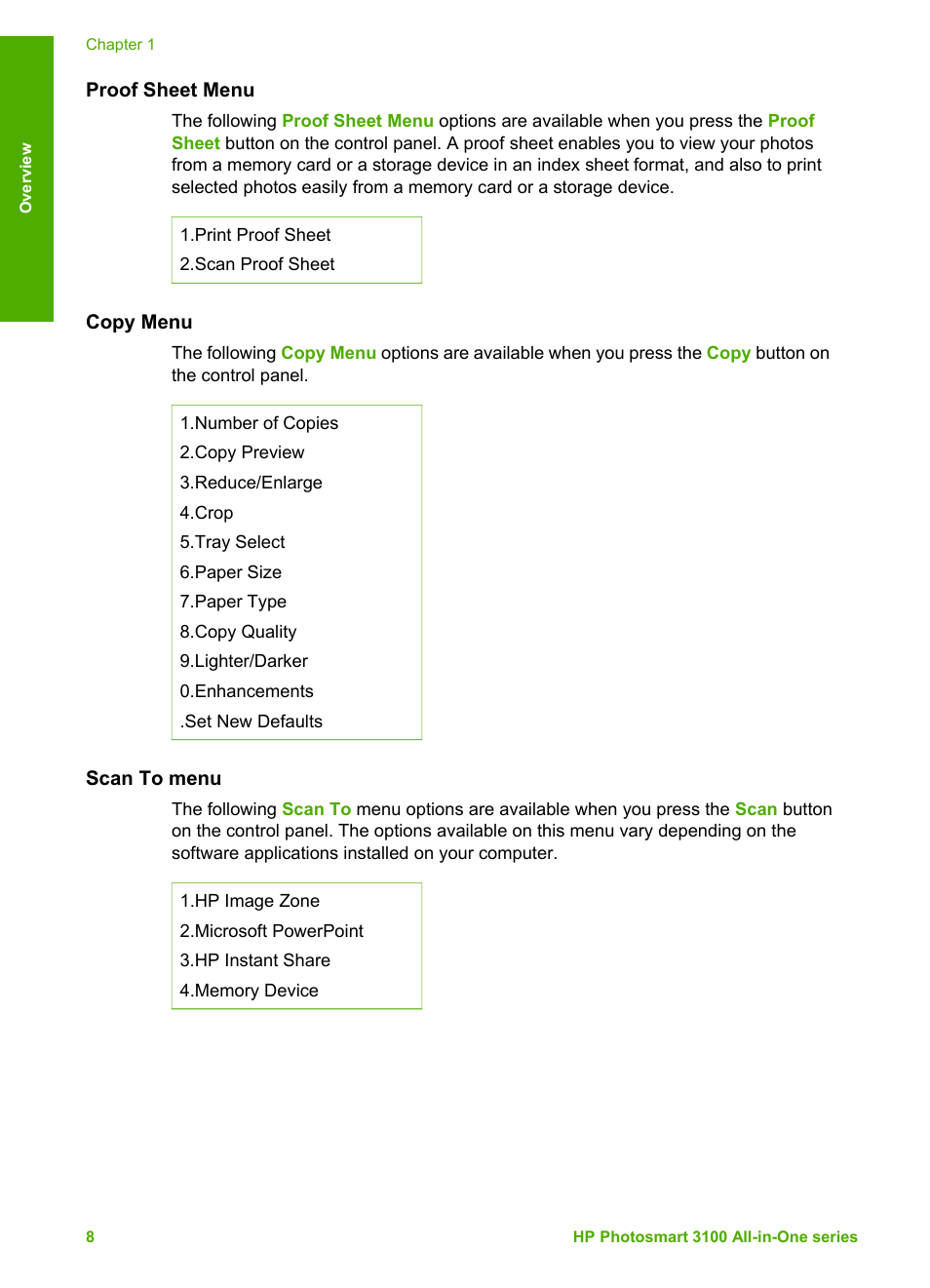 Proof sheet menu, Copy menu, Scan to menu | HP Photosmart 3110 All-in-One Printer User Manual | Page 11 / 166