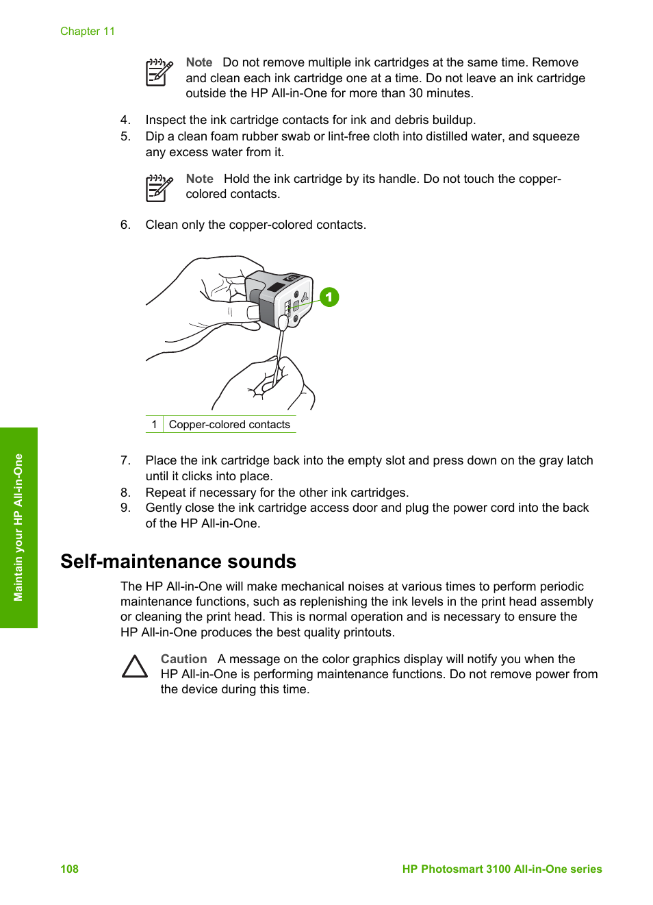 Self-maintenance sounds | HP Photosmart 3110 All-in-One Printer User Manual | Page 111 / 166