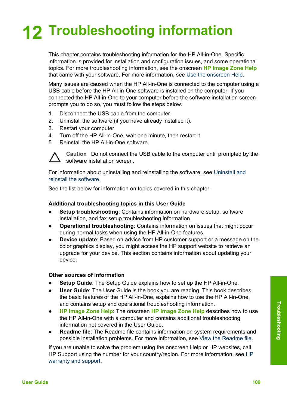 Troubleshooting information, 12 troubleshooting information | HP Photosmart 3110 All-in-One Printer User Manual | Page 112 / 166