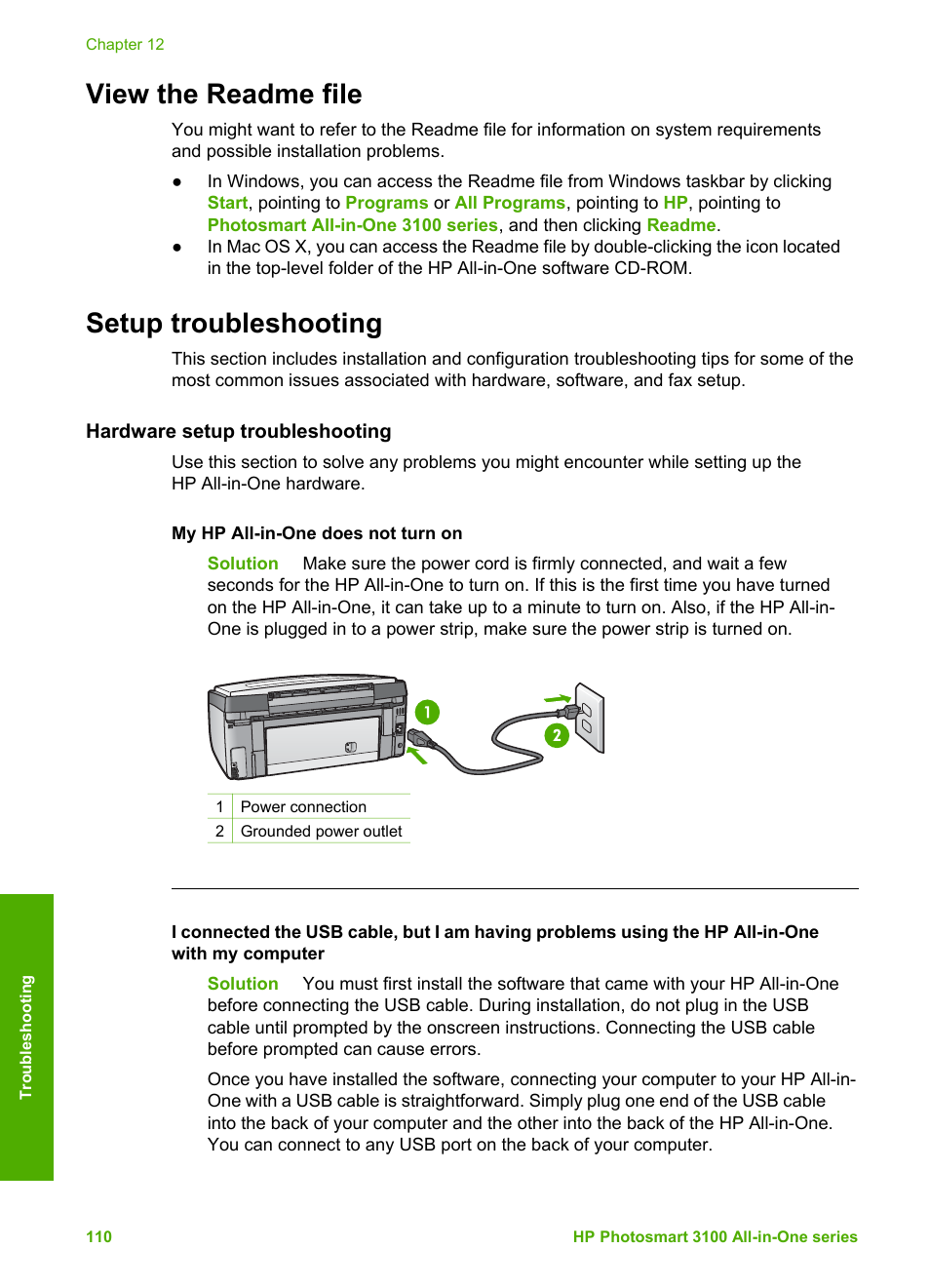 View the readme file, Setup troubleshooting, Hardware setup troubleshooting | View the readme file setup troubleshooting | HP Photosmart 3110 All-in-One Printer User Manual | Page 113 / 166